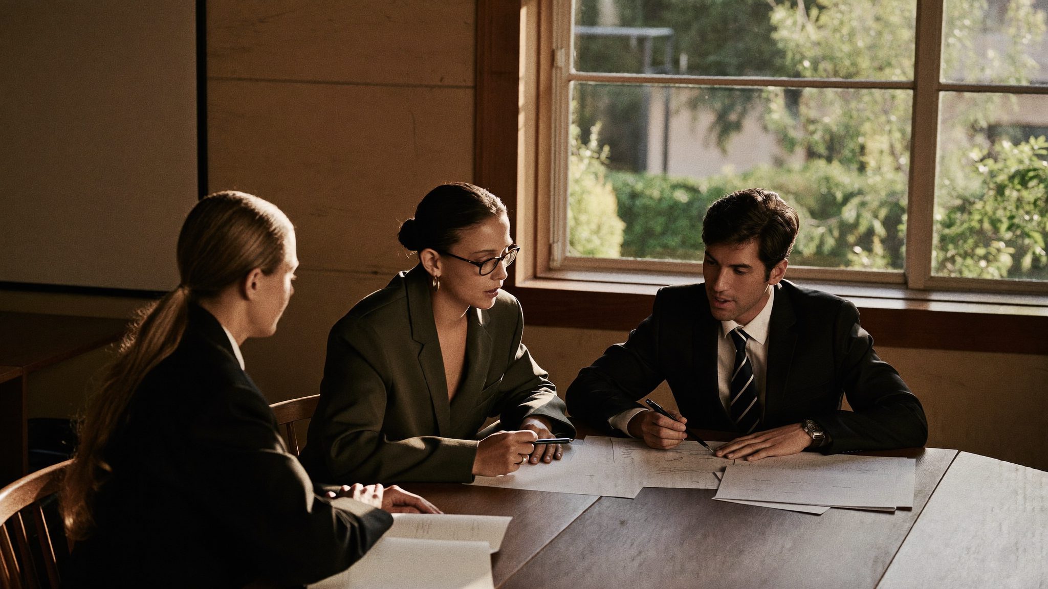 Two people in conversation across a table with documents